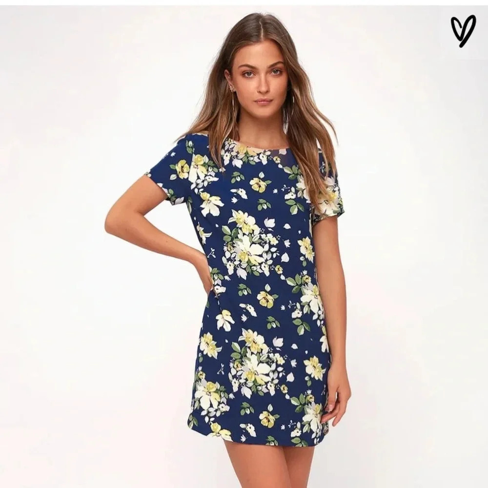 Lulu’s Floriana Navy Blue Floral Shift Dress - size Small - Picture 2 of 14